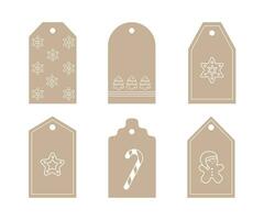 Vector isolated set of Christmas gift tags with various shapes. Template for decoration with white line arts of gingerbread cookies and man, xmas trees. Made in craft style from paper or cardboard