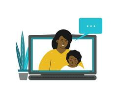 Vector isolated flat illustration. African American mother and child are talking by video call using laptop. Distant online education with class and communication with family in quarantine time