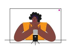 Vector flat concept with computer monitor and young adult African American woman recording video on webcam. Remote work by blogger, podcast host, tutor using online stream services at home