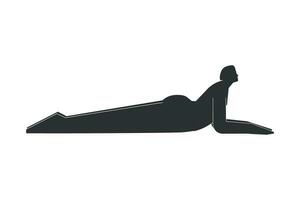 Vector isolated concept with flat black silhouette of female character doing finess. Athletic woman learns yoga posture - Sphinx pose. Sportive exercise - Salamba Bhujangasana