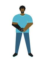 Vector isolated flat illustration with disabled guy. Cartoon african american man has artificial limb after amputation. He's happy to use bionic arm as adaptive technology and equipment for usual life