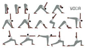 Vector flat isolated concept collection with female character doing yoga. African American woman learns stretching postures with bend. Set of sports balance exercise for beginners