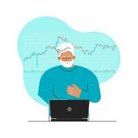 Vector concept with flat character of trader. Senior caucasian man is investor and works online on stocks exchange using laptop, analyzes data on bar chart, decides to sell shares. Financial market