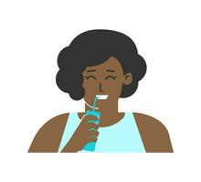 Vector isolated flat concept. Dental daily lifestyle. Cute african american young woman is cleaning teeth by cordless oral water pick flosser. Hygiene to prevent caries, remove tartar and plaque