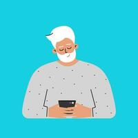 Vector isolated flat concept. Cartoon Caucasian senior man writes message on phone. Handsome elderly man is learning modern technology and searching partner for romance by app for online dating