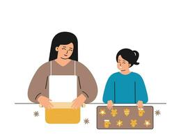 Vector isolated concept about leisure together. Cozy pastime of caucasian family at home. Happy little girl helps mom, decorates gingerbread cookies, mother rolls dough and teaches daughter to cook