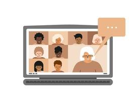 Vector isolated flat illustration. Screen of laptop with children and elderly teacher. Online distant education with class in quarantine time. Web platform for homeschooling and remote studying.