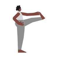 vector ilustración con plano hembra personaje. juguetón joven mujer aprende extensión postura y lo hace extendido mano a grande dedo del pie actitud a yoga clase. equilibrio ejercicio - utthita hasta padangustas