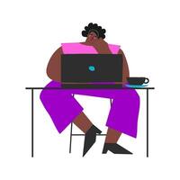 Vector flat isolated illustration. African American woman sits at table and works online on laptop. Lifestyle of freelancer. Lady is bored. She is professional web designer and illustrator