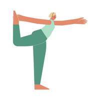 Vector illustration with flat Female young character. Sportive blonde woman learns stretching posture and does Lord of the Dance Pose at yoga class. Balancing exercise for beginners - Natarajasana