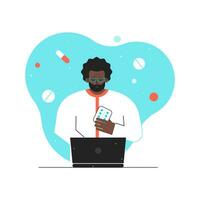 Vector isolated flat concept. Online medical consultation and diagnostic by doctor using video call on computer. African American man works at home, physician helps choose of drugs for patient