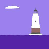 Vector illustration in flat style with blue sea and cloud on the sky. White lonely lighthouse is on island. Minimalistic geometric design.