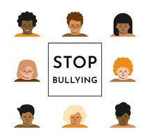 Vector isolated flat concept. Text in center - Stop bullying. Set of children portraits is around frame. Multiethnic group of kids show tolerance, friendship. Banner for anti-bullying prevention