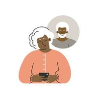 vector aislado plano concepto. africano americano mayor mujer envía SMS por teléfono a su mayor novio. en línea Fechado y relación en el móvil aplicaciones artilugio para comunicación de antiguo personas