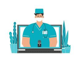 Vector isolated flat concept about healthcare. Online consultation by doctor via video call on computer. Caucasian man dressed in medical uniform, face mask. Distant medical service by physician