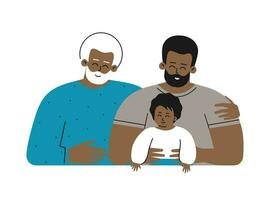 Vector isolated concept for Father's day with flat cartoon characters. Multi generational african american family. Dad is happy young adult man hugging his cute little baby, senior grandfather smiles