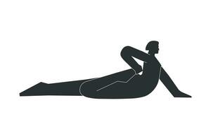 Vector isolated illustration with flat black silhouette of female character. Sportive woman learns yoga posture Half Frog Pose. Fitness exercise - Ardha Bhekasana. Minimalistic linocut