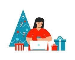 Vector isolated flat illustration about online shopping. Cartoon character of happy caucasian woman. She sits at home decorated by Christmas tree, gift boxes. Girl orders presents on Internet