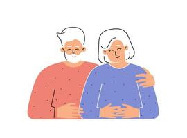 Vector flat isolated concept with cartoon characters of caucasian senior couple. Happy old grandfather hugs grandmother. Romantic relationships and love of attractive persons. White background