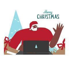 Vector concept with flat character of African American Santa Claus near gift boxes, christmas tree. He talks with kids using online streaming on computer. Remote congratulation at winter holidays