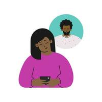 Vector isolated flat concept. Cartoon happy african american woman sends message on phone to his boyfriend. Online dating by apps in gadget. Relationship with distance love. Girl misses his guy