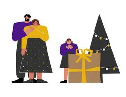 Vector flat concept of happy Caucasian family with father, mother, child staying near decorated xmas tree and big gift box in craft paper. Celebration of Christmas holiday and presents unpacking