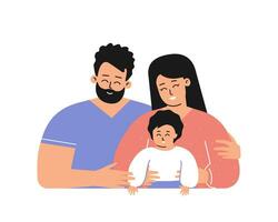 vector aislado concepto con plano dibujos animados caracteres. contento latín familia con joven adulto padres sonrisas hermoso madre abrazos su linda pequeño niño, barbado papi abrazos ellos todo. blanco antecedentes