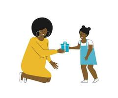 Vector isolated flat illustration about Happy Birthday. Cartoon african american woman gives gift to cute little girl. Mom is squatting, daughter is smiling and holdind present box. White background