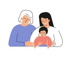 Vector isolated concept for Mother's day with flat cartoon characters. Happy family is smiling. Handsome mother hugs her cute little kid, senior grandmother cuddles her daughter - young adult woman