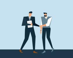 Vector business llustration with flat male characters. Concept about communication of  job seeker and HR specialist who hire expert . Handshake of men in office.