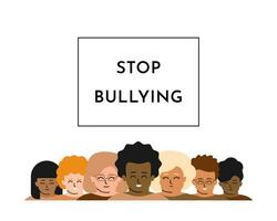 Vector isolated flat concept. Text in frame - Stop bullying. Multiethnic group of children stand in a row. Asian, African American, Hispanic kids show tolerance. Banner for anti-bullying prevention.