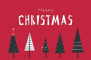 Vector illustration with flat forest. Five triangular black and white trees are decorated by Santa hat, stripes, dots. Horizontal banner with handdrawn text Merry Christmas on red background