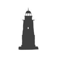 Vector isolated illustration in flat style. Dark grey lonely lighthouse is on island. Minimalistic geometric design. Black silhouette of building for navigation on the sea and ocean. White background