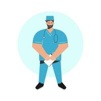 Vector isolated cartoon concept with doctor holding board folder for notes. Happy smiling nurse man is dressed in blue medical uniform with stethoscope. Modern line details in flat illustration