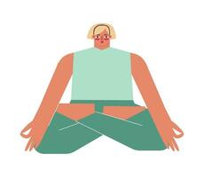 Vector isolated concept with flat female character. Strong adult blonde woman learns stretching posture and does Lotus Pose at yoga class. Basic seated exercise for meditation - Padmasana