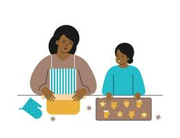 Vector isolated flat concept. Cozy leisure of african american family at home. Happy little daughter helps mother, puts gingerbread cookies on baking sheet, mom rolls dough and teaches girl to cook