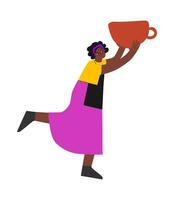 Vector flat illustration with African American woman. Student girl holds handmade ceramic tableware. She learned to create cup in pottery class. Creative hobby and artistic approach of happy master