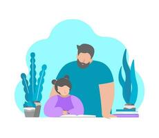 vector plano ilustración concepto. padre y inteligente hija aprender a escribir y leer palabras en ejercicio libro. educación en el hogar en cuarentena período, haciendo deberes con padres ayuda. blanco antecedentes