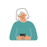 Vector isolated flat concept. Cartoon senior woman writes message on smartphone. Handsome elderly granny is using modern technology and searching partner for romance by mobile app for online dating