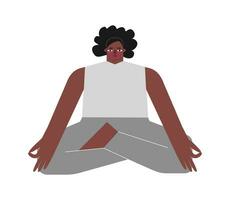 Vector isolated illustration with flat african american character. Strong woman learns stretching posture and does Adept Pose at yoga class. Core exercise for beginners - Siddhasana