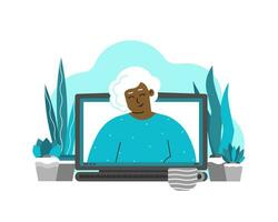 Vector isolated flat illustration with display of laptop and elderly african american grandmother on screen. Online chat with friends, family. Senior woman looks for love on dating sites in Internet