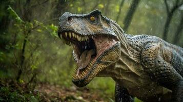 tiranosaurio, tirano saurio Rex en el bosque fondo, ai generativo foto