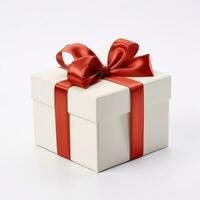 blanco regalo caja con rojo cinta arco, ai generativo foto