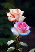 Beautiful two color roses, beautiful flowers roses outdoors, AI Generative photo