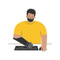 Vector isolated flat illustration with disabled person. Cartoon latin guy has artificial limb. Man with prosthetic hand typing on computer keyboard. Adaptive technology and equipment for comfort life