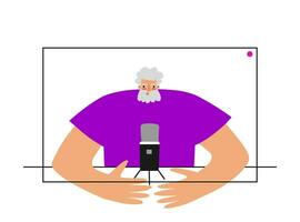 Vector flat concept with computer and old Caucasian man on screen using online stream services at home for recording video on webcam. Remote conference of blogger, podcast host, coach