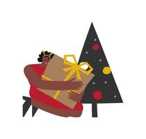 Vector isolated flat portrait of African American woman holding big gift box. Celebration of Christmas holiday. Happy lady is in red dress, sits with present near decorated tree. Xmas surprise