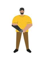 Vector isolated flat illustration with disabled guy. Cartoon latin man has artificial limb after amputation. He is happy to use bionic arm as adaptive technology and equipment for usual life