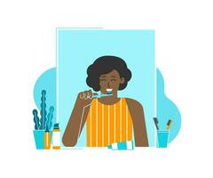 Vector isolated flat concept. Dental daily healthy lifestyle. Cute african american young woman is cleaning teeth by toothbrushes. Girl stands in front of mirror, smiles. Hygiene to prevention caries