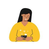 Vector isolated flat concept. Cartoon latin woman writes message on phone using mobile app for online dating. She is young adult and seaching partner. Beginning of romantic relationship